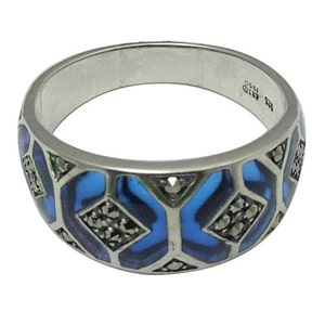 Ring With Blue Enamel And Marcasite 925 Sterling Silver Hallmarked By JewelAriDesigns
