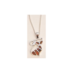 Cat Shaped Pendant 925 Sterling Silver Set With Brown Crushed Opal Resin On 18&quot; Curb Chain By JewelAriDesigns