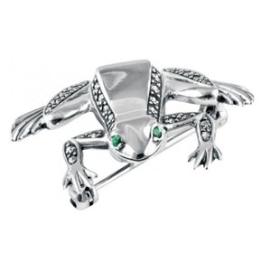 Frog Pin Brooch Art Deco Style 925 Sterling Silver English Hallmarks Set With Emerald Eyes And Marcasite By JewelAriDesigns