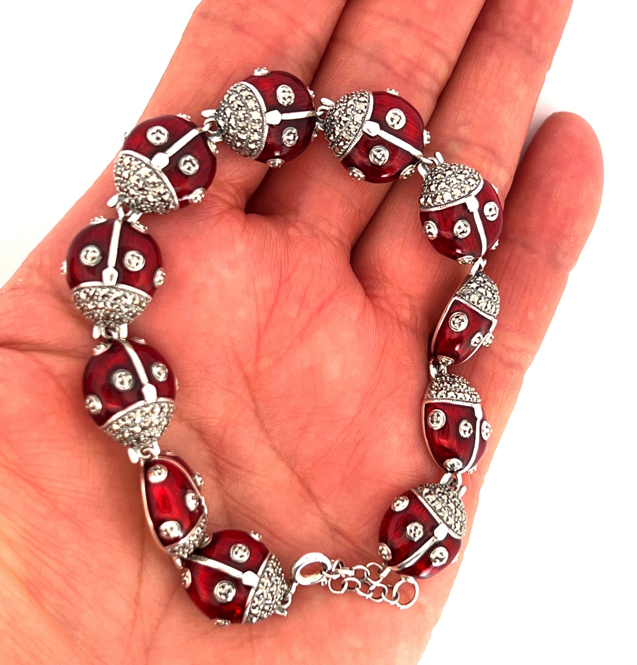 Marienkäfer Markasit Englisch Marienkäfer von und Silber Red Emaille Sterling JewelAriDesigns 925 Hallmarks Armband Set