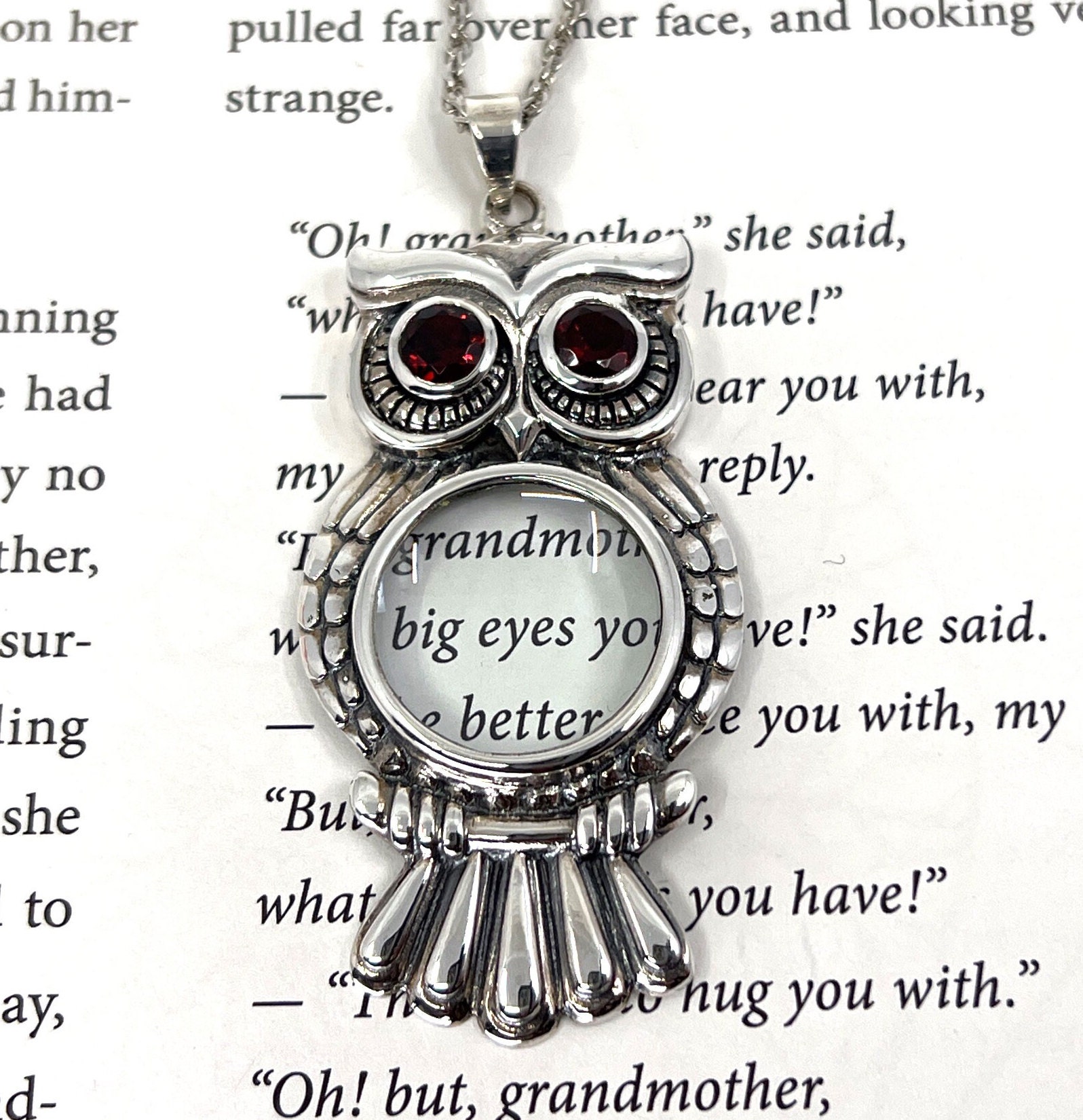 Owl Magnifying Glass Pendant 925 Sterling Silver English Hallmarks Set With Garnet On 32" Rope 