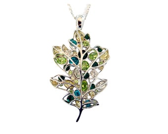 Spring Leaf Pin Brooch Pendant Rhodium Plated Metal Alloy Set With Sparkling Czech Crystals On 20" Chain By JewelAriDesigns