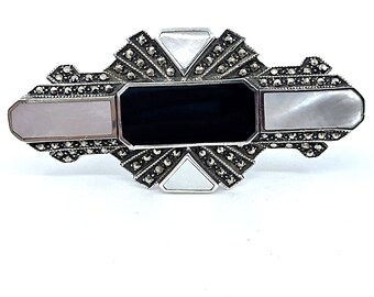 Art Deco Style Brooch Sterling Silver 925 Set With Onyx Mother Of Pearl & Marcasite