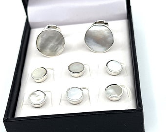 Cufflinks And Six Studs Dress Shirt Set 925 Sterling Silver English Hallmarks Set With Mother Of Pearl By JewelAriDesigns