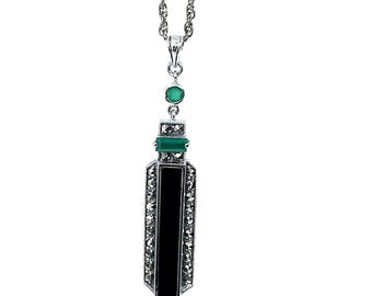 Art Deco Sterling Silver Pendant, Onyx, Agate & Marcasite