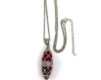 Elongated Oval Necklace Set With Red Enamel And Marcasite