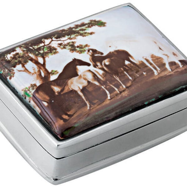 Five Horses Pill Box 925 Sterling Silver English Hallmarks Set With Hand Painted Enamel By JewelAriDesigns