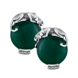 Panther Earrings Art Deco Style 925 Sterling Silver English Hallmarks Set With Green Agate Marcasite And Emerald Eyes By JewelAriDesigns
