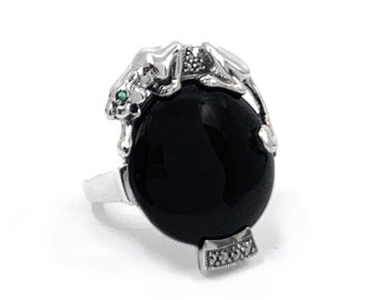 Panther Ring Art Deco Style 925 Sterling Silver English Hallmarks Set With Black Onyx Marcasite And Emerald Eyes By JewelAriDesigns