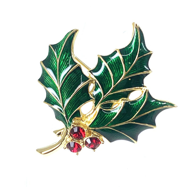 Christmas Holly Pin Brooch Gold Plated Metal Alloy Set With Enamel and Sparkling Swarovski Crystals by JewelAriDesigns image 5