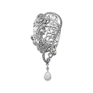Lady's Head Pin Brooch Art Nouveau Style 925 Sterling Silver English Hallmarks Set With Amethyst Marcasite And Opal By JewelAriDesigns