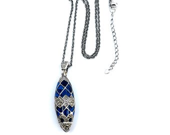Elongated Oval Necklace Set With Blue Enamel And Marcasite