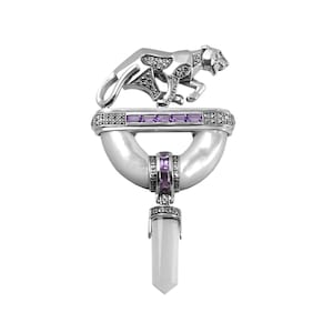 Panther Brooch Art Deco Style 925 Sterling Silver English Hallmarks Set With Mother Of Pearl Emerald Eyes And Amethyst By JewelAriDesigns