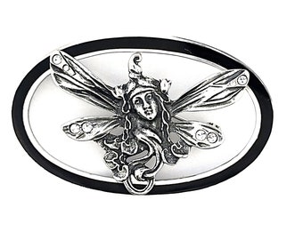 フェアリーピンブローチ アールヌーボースタイル 925スターリングシルバー 英国刻印入り エナメルと輝くクリスタル付き JewelAriDesigns