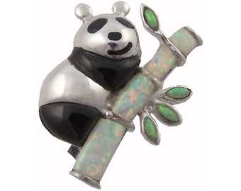 Panda Brooch 925 Sterling Silver English Hallmarks Set With Black Enamel White And Green Crushed Opal Resin By JewelAriDesigns