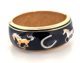 Equestrian Cuff Bangle Gold Plated Metal Alloy Set With Enamel and Sparkling Swarovski Crystals by JewelAriDesigns