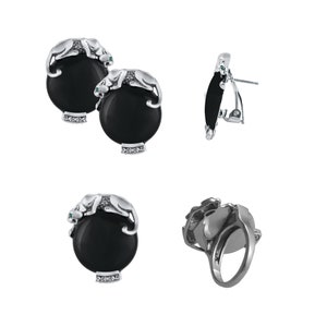 Panther Earrings And Ring Set Art Deco Style 925 Sterling Silver English Hallmarks Set With Black Onyx And Marcasite By JewelAriDesigns