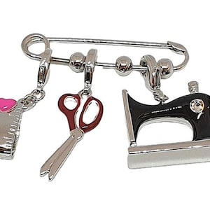 Sewing Charm Brooch Pin with Miniature Ruler, Scissors & Sewing Machine Rhodium Plated Metal Alloy Set With Enamel By JewelAriDesigns