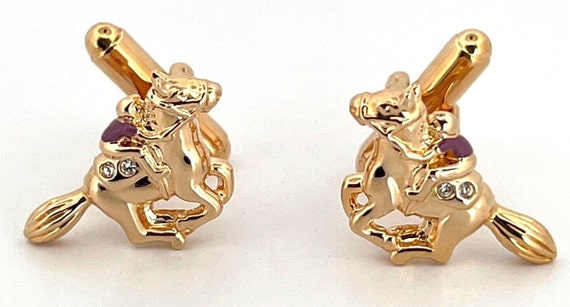 Boutons De Manchette Vintage Plaqués Or - Motif Cavalier/cheval, Avec Poinçon, Occasion
