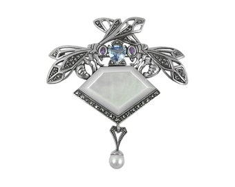 Bee Pin Brooch Art Nouveau Style 925 Silver English Hallmarks Set With Mother of Pearl Aquamarine Marcasite and Pearl by JewelAriDesigns