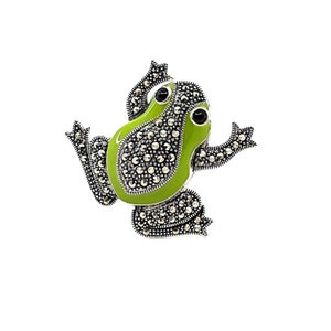 Frog Brooch Pin Sterling Silver 925 British Hallmarks Art Deco Style Adorned With Green Enamel Marcasite & Onyx Eyes By JewelAriDesigns