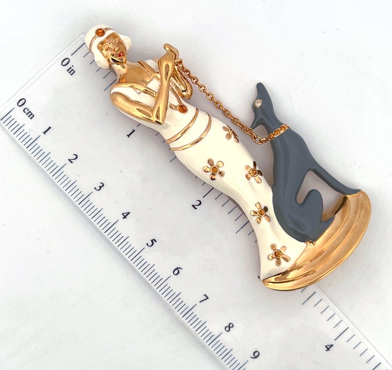 Lady and Dog Pin Brooch Art Deco Style Gold Plated Metal Alloy Set With ...