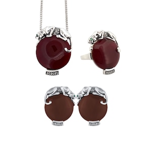 Panther Jewellery Set Art Deco Style 925 Sterling Silver English Hallmarks Set With Red Agate Marcasite And Emerald Eyes By JewelAriDesigns