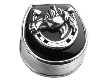 Pferdekopf in Hufeisen Pill Box 925 Sterling Silber Englisch Hallmarks Set mit Onyx Von JewelAriDesigns