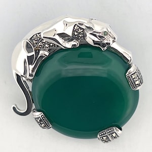 Panther Pin Brooch Art Deco Style 925 Sterling Silver English Hallmarks Set With Green Agate Marcasite And Emerald Eyes By JewelAriDesigns
