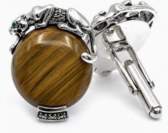 Art Deco Panther Cufflinks, Sterling Silver, Tigers Eye & Emerald Eyes