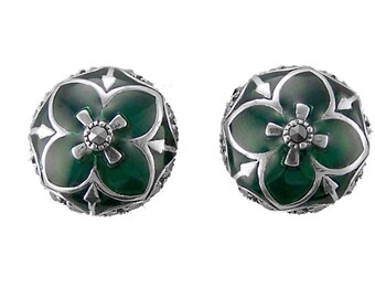 Elegant Stud Earrings Elizabethan Style 925 Sterling Silver Set With Green Enamel And Marcasite By JewelAriDesigns
