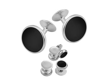 Conjunto de gemelos y tachuelas para camisa de vestir en plata de ley 925 con sellos ingleses y ónix