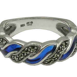 Blue Enamel And Marcasite Ring 925 Sterling Silver Hallmarked By JewelAriDesigns
