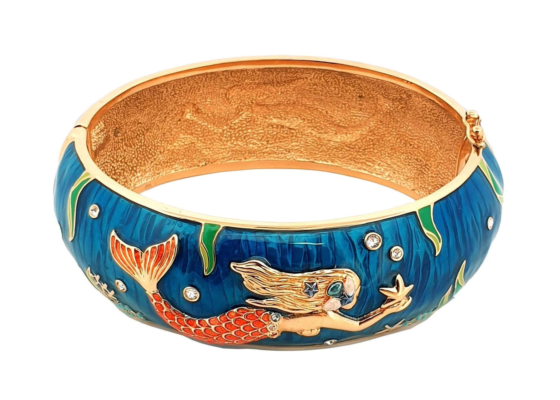 Mermaid Cuff Bangle Gold Plated Metal Alloy Set With Enamel And Sparkling Czech Crystals By JewelAriDesigns