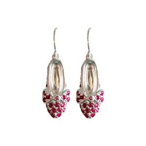 Magical Ruby Slipper Dorothy&#39;s Shoes Drop Earrings 925 Sterling Silver English Hallmarks Set With Ruby Crystals By JewelAriDesigns