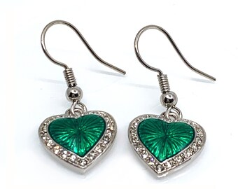 Celtic Heart French Wire Earrings Rhodium Plated Metal Alloy Set With Green Enamel And Sparkling Swarovski Crystals By JewelAriDesigns