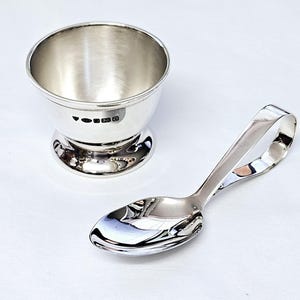 Classic Egg Cup And Spoon Set Christening Gift 925 Sterling Silver English Hallmarks By JewelAriDesigns