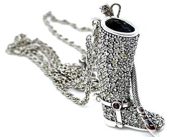 Sterling Silver Riding Boot Pendant, Crystal & Amethyst Equestrian Necklace