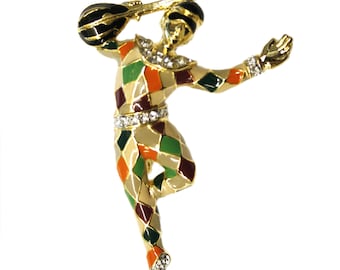 Dancing Harlequin Pin Brooch Art Deco Style Gold Plated Metal Alloys Set With Enamel And Sparkling Czech Crystals By JewelAriDesigns