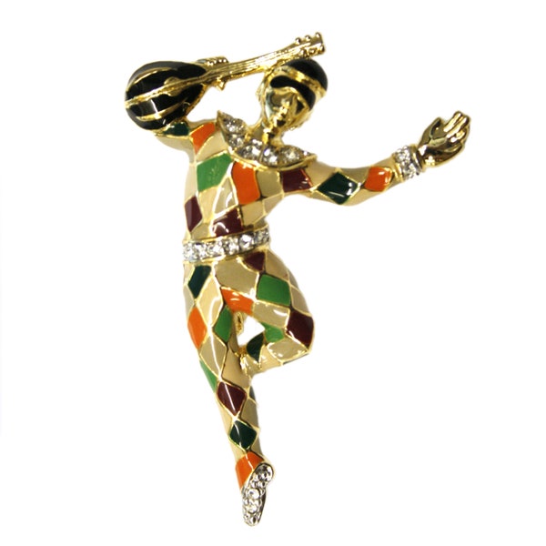 Broche arlequin dansante plaquée or Art Déco émail peint à la main avec cristaux swarovski