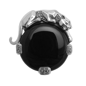 Panther Pin Brooch Art Deco Style 925 Sterling Silver English Hallmarks Set With Black Onyx Marcasite And Emerald Eyes By Jewelaridesigns