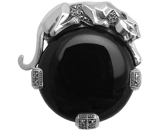 Panther Pin Brooch Art Deco Style 925 Sterling Silver English Hallmarks Set With Black Onyx Marcasite And Emerald Eyes By Jewelaridesigns