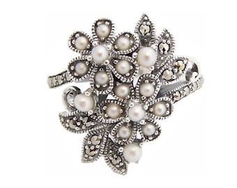 Floral Ring With Pearl & Marcasite Hallmarked 925  Sterling Silver By JewelAriDesigns
