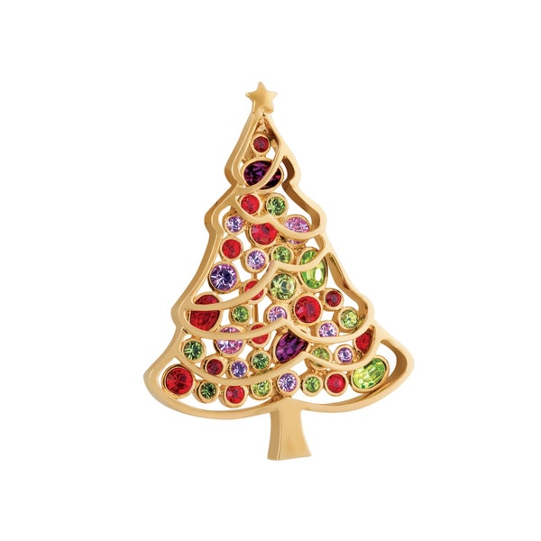 Broche Sapin de Noël en Plaqué Or sertie de 39 Cristaux Swarovski