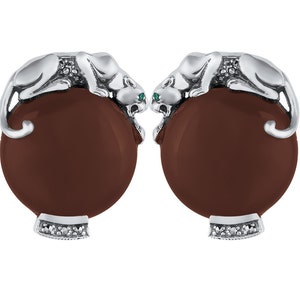 Panther Earrings Art Deco Style 925 Sterling Silver English Hallmarks Set With Red Agate Marcasite And Emerald Eyes By JewelAriDesigns