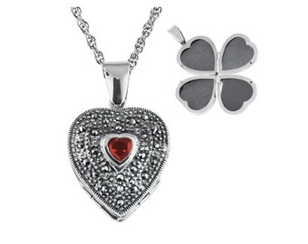 Four Part Heart Locket Victorian Style 925 Sterling Silver English Hallmarks On 22" Chain Set With Marcasite And Garnet By JewelAriDesigns