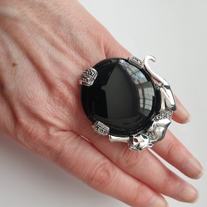 Panther Ring Art Deco Style 925 Sterling Silver English Hallmarks Set With Black Onyx Marcasite And Emerald Eyes By JewelAriDesigns