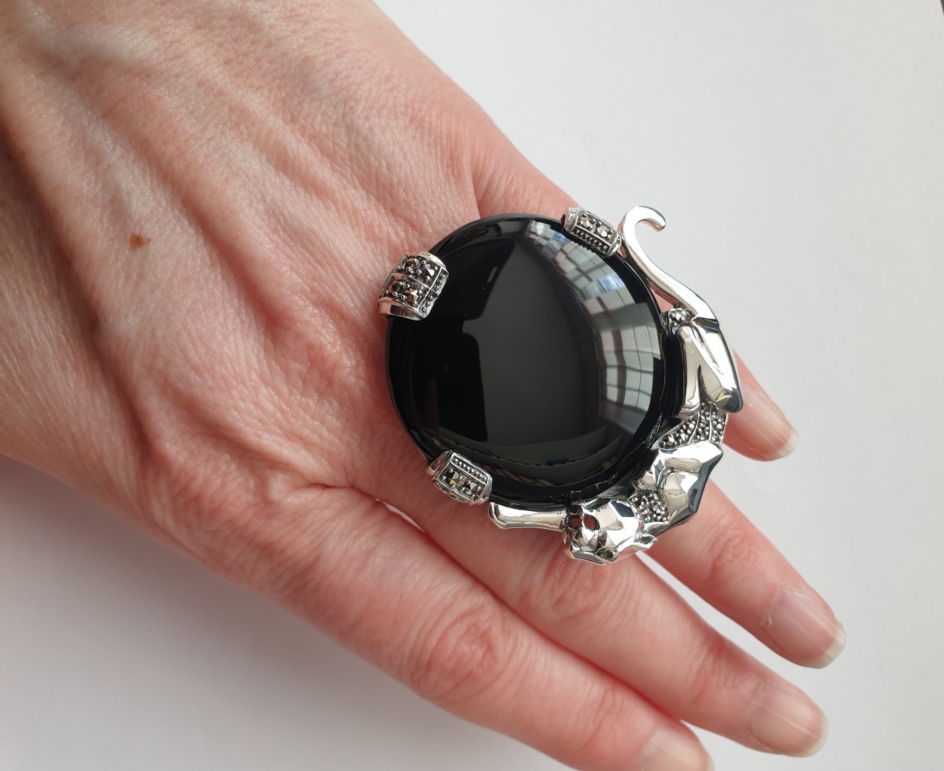 Panther Ring Art Deco Style 925 Sterling Silver English Hallmarks Set With Black Onyx Marcasite And Emerald Eyes By JewelAriDesigns