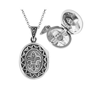 Small Oval Locket Victorian Style 925 Sterling Silver English Hallmarks Set With Marcasite On 20&quot; Rope Chain By JewelAriDesigns