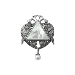 Peacock Pin Brooch Art Nouveau Style 925 Silver English Hallmarks Set With Mother of Pearl Amethyst Marcasite And Pearl By JewelAriDesigns